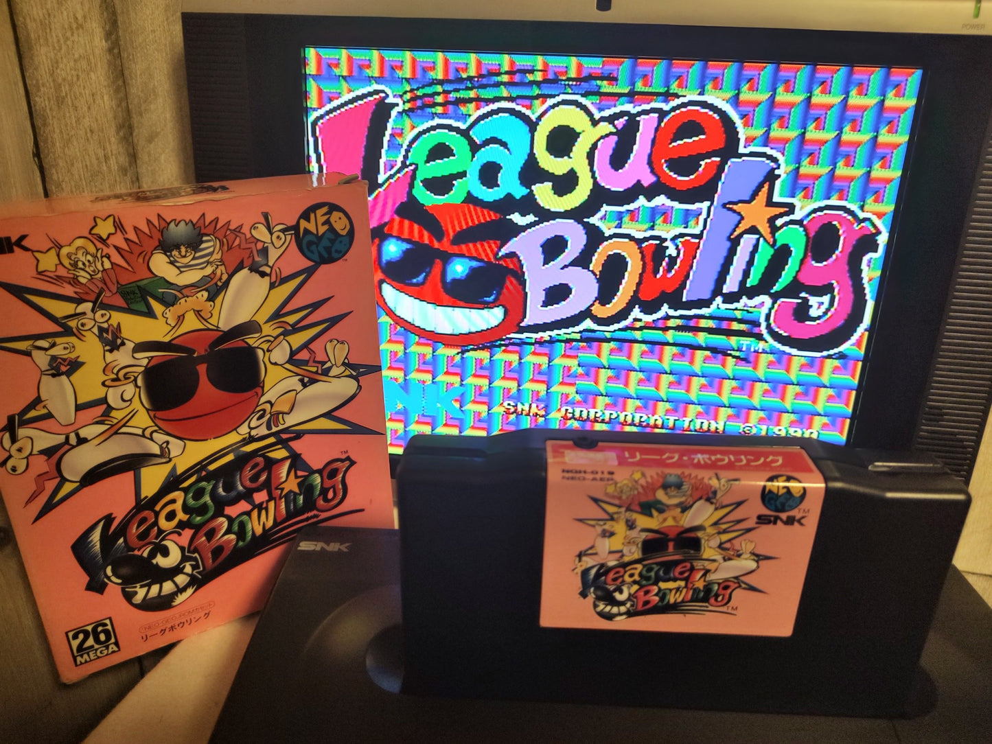 League Bowling SNK NEO GEO AES Cartridge, Manual Boxed set, tested, Japan-e1111-