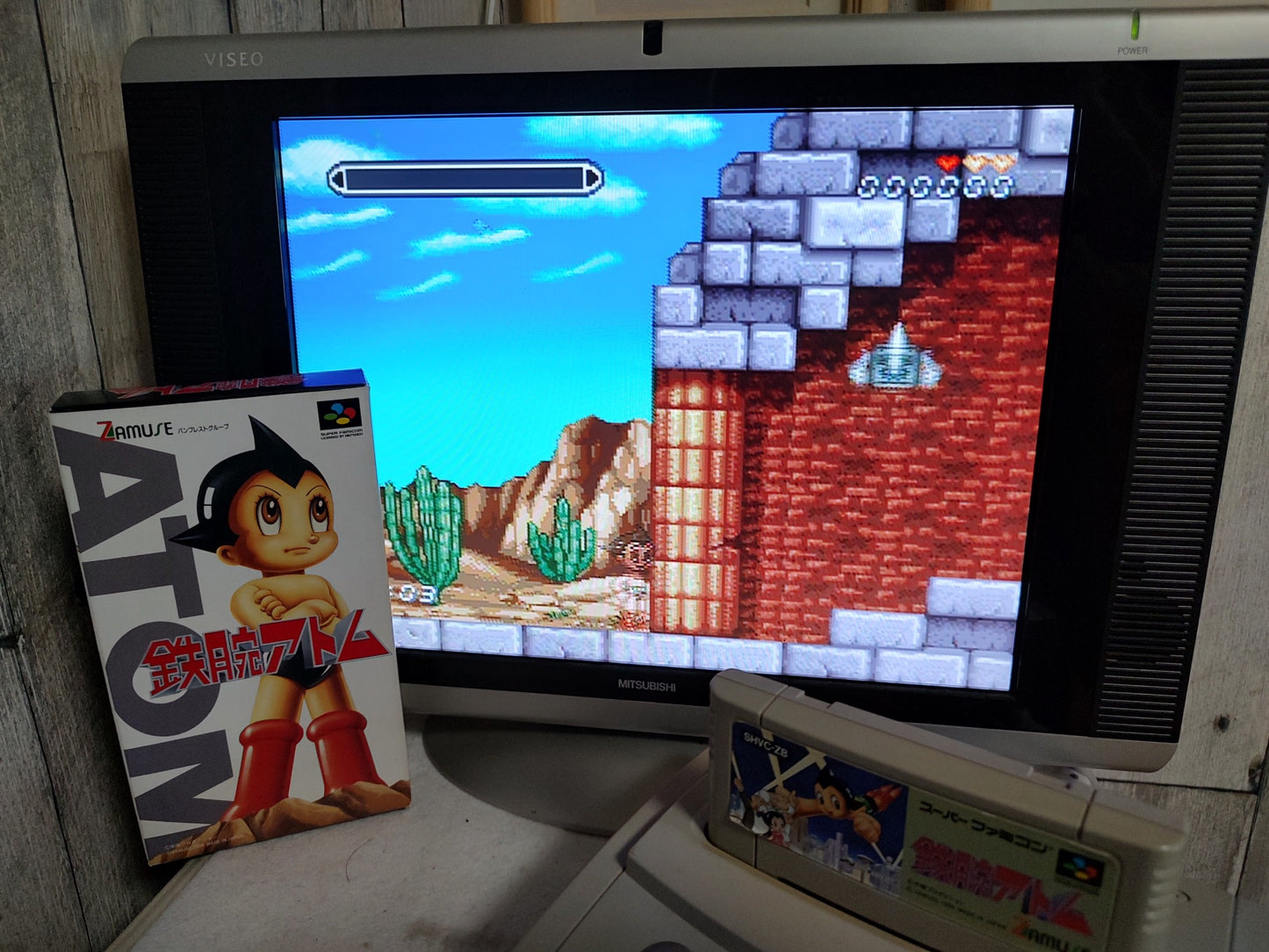 Tetsuwan Atom Astro Boy Super Famicom Cartridge and Box set, Working-f0509-