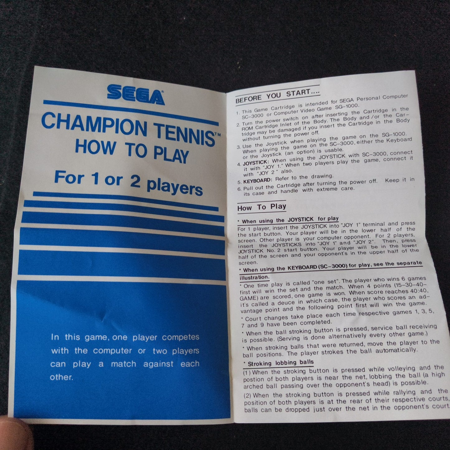 Champion Tennis SEGA Master system, Mark3 Game cart, w/Manual, Box, Tested,Japan