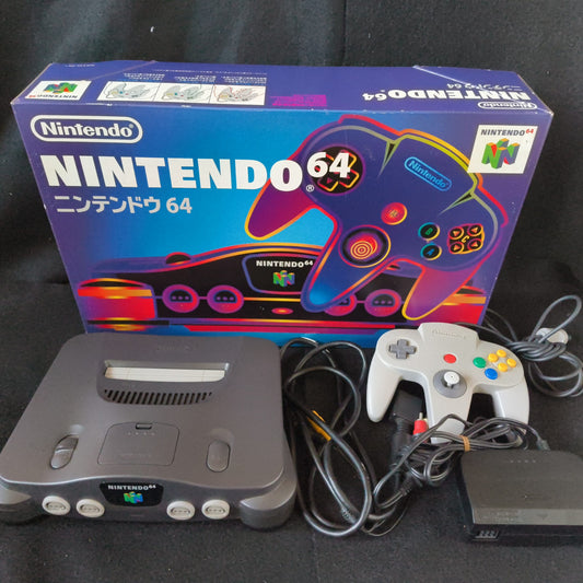 Nintendo 64 NUS-001 Black Color Console w/Pad, cables Box set, Working, Japan
