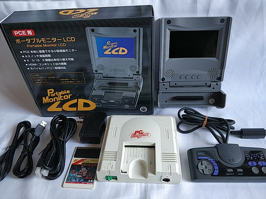 PC Engine Portable Monitor LCD and PC Engine white Console,Pad,Games set -c1104-