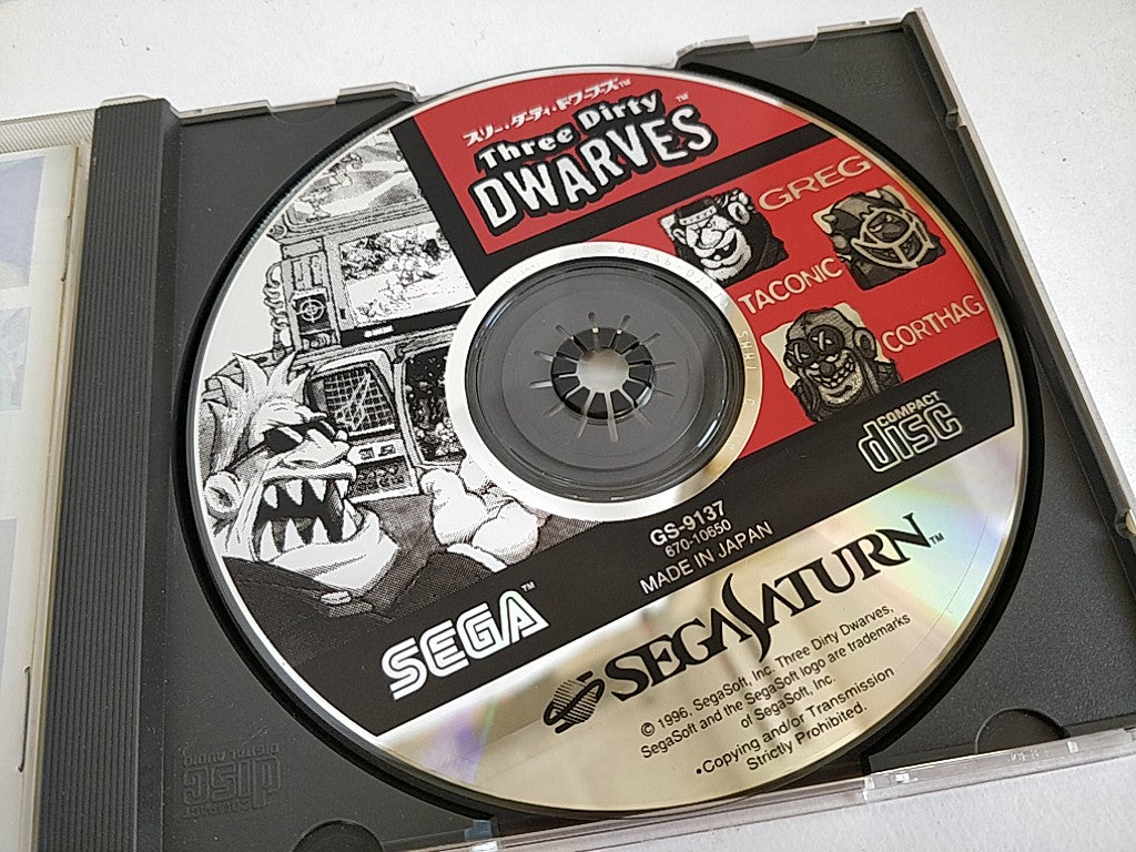 THREE DIRTY DWARVES SEGA Saturn Game Disk,Manual, Boxed set tested-d0125-