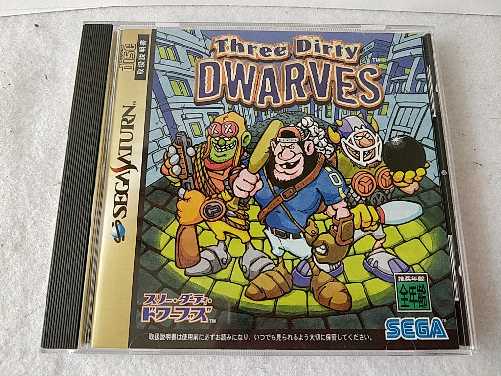 THREE DIRTY DWARVES SEGA Saturn Game Disk, Manual, Boxed set tested-d0519-