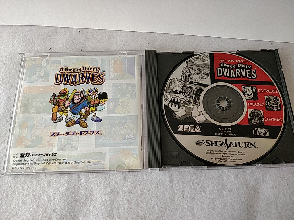 THREE DIRTY DWARVES SEGA Saturn Game Disk, Manual, Boxed set tested-d0519-