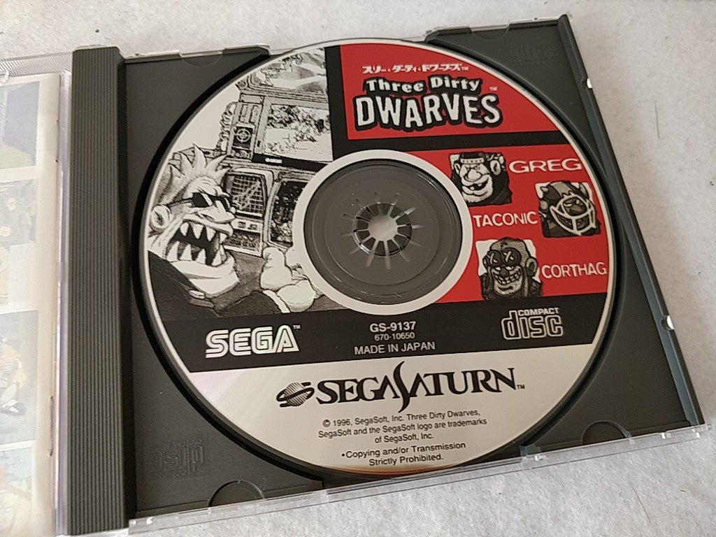 THREE DIRTY DWARVES SEGA Saturn Game Disk, Manual, Boxed set tested-d0519-