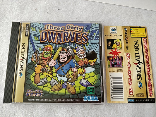 THREE DIRTY DWARVES SEGA Saturn Game Disk, Manual, Boxed set tested-d0519-