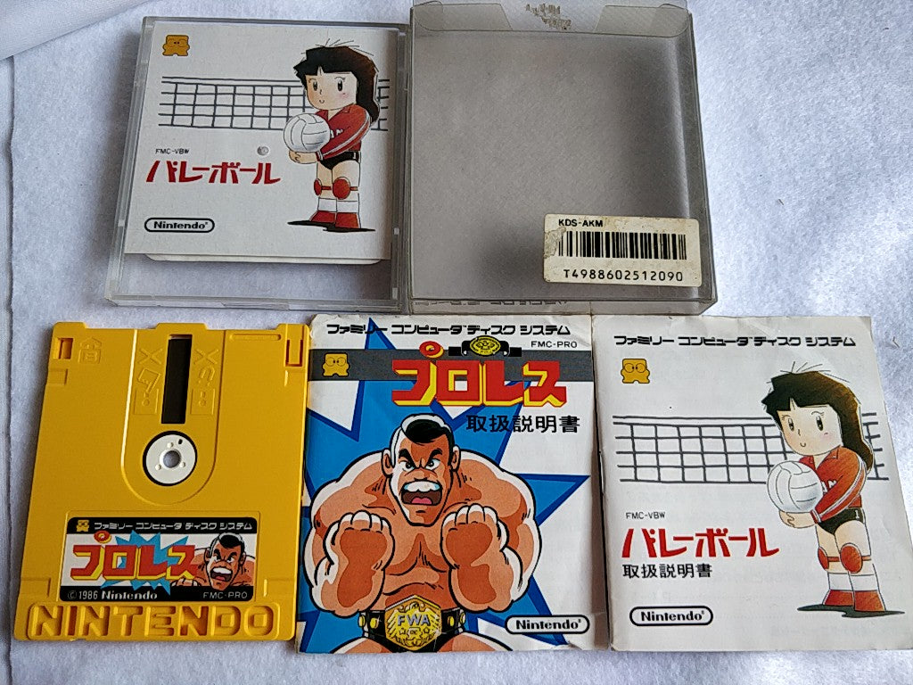 Volley ball / Pro Wresling FAMICOM DISK SYSTEM/Disk, Manual and Case set-e0920-