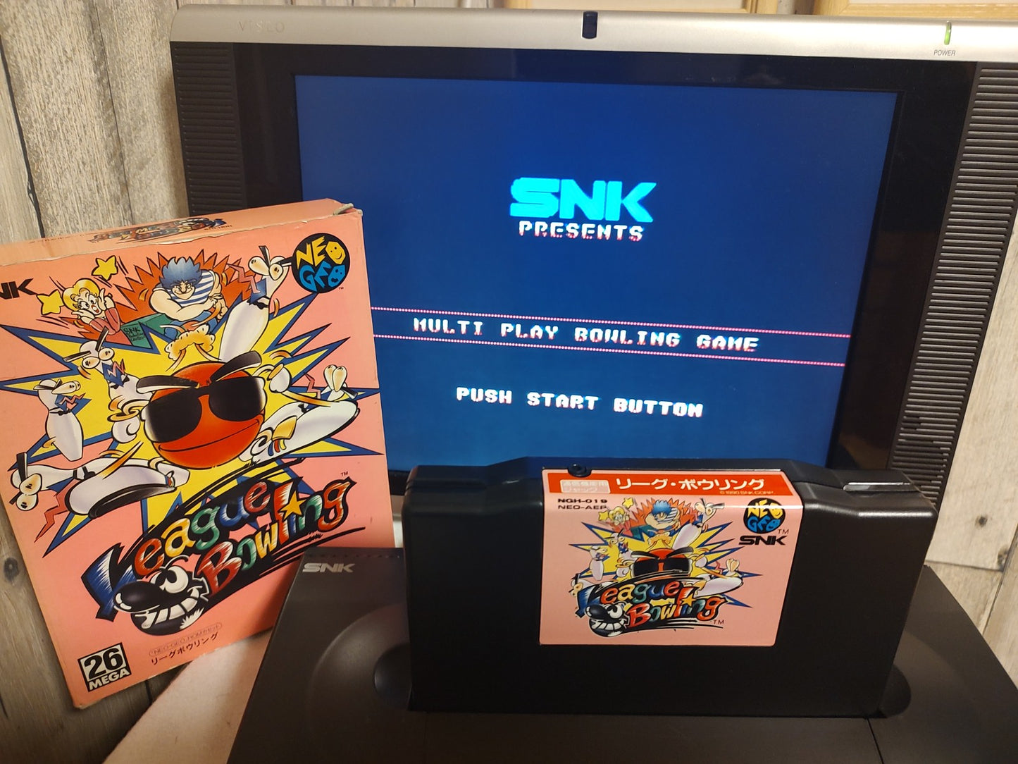 League Bowling SNK NEO GEO AES Cartridge, Manual Boxed set, tested, Japan-e1111-