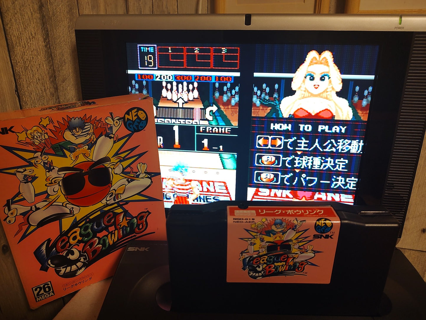 League Bowling SNK NEO GEO AES Cartridge, Manual Boxed set, tested, Japan-e1111-